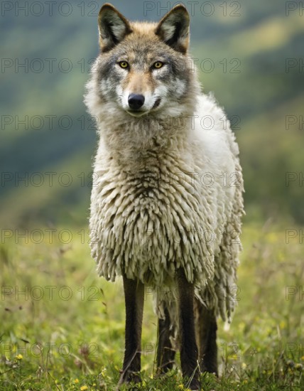 Wolf looking like a sheep, based on the proverb Wolf in sheep's clothing, it warns against individuals who play a duplicitous role, AI generated
