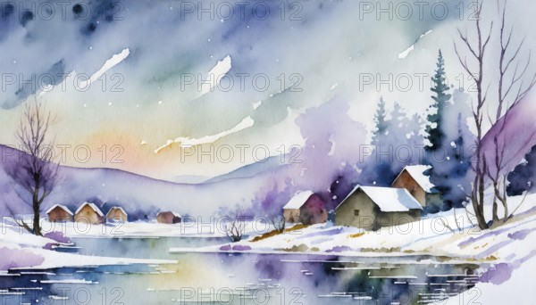 AI generated image showing a snowbound winter landscape including a small village at a lake, watercolor style with splashes and spots