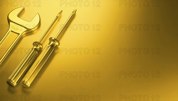 AI generated image showing a golden wrench and screwdrivers in golden ambiance