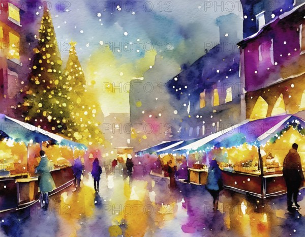 AI generated image showing a bright colorful illuminated christmas market in a city, watercolor style with splashes and spots