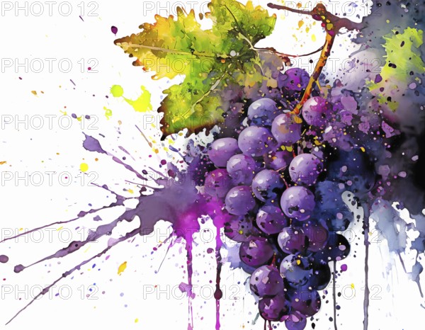 Viticulture and fruit theme showing red grapes in multicolored vibrant splashy ambiance. AI generated image with lots of paint splashes, splatter and spots