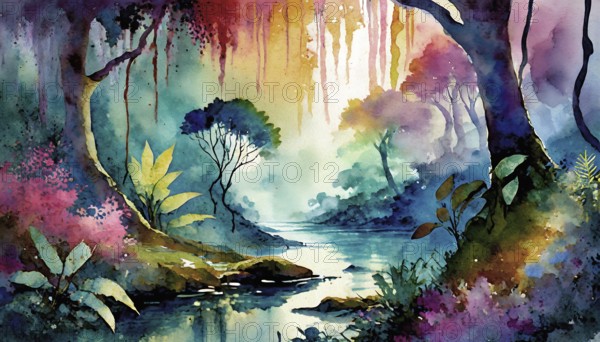 AI generated image showing a dense jungle scenery including a small river, watercolor style with splashes and spots