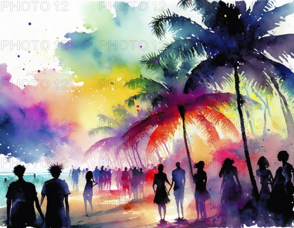 AI generated image showing a colorful illuminated beach party with palm trees at evening time, watercolor style with splashes and spots