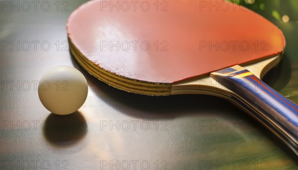 AI generated table tennis closeup scenery including a ball and rack on the table