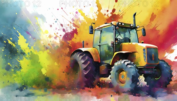 Agricultural theme showing a tractor in multicolored vibrant splashy ambiance. AI generated image with lots of paint splashes, splatter and spots