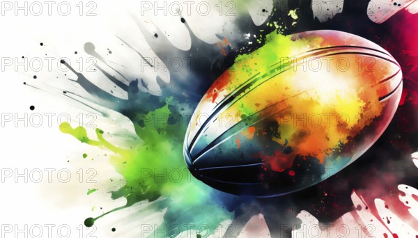 Football theme showing a football in multicolored vibrant splashy ambiance. AI generated image with lots of paint splashes, splatter and spots