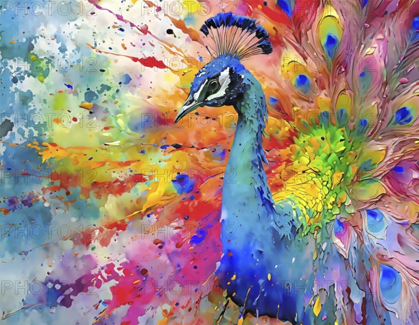 Animal and colors theme showing a peacock displaying his train in multicolored vibrant splashy ambiance. AI generated image with lots of paint splashes, splatter and spots