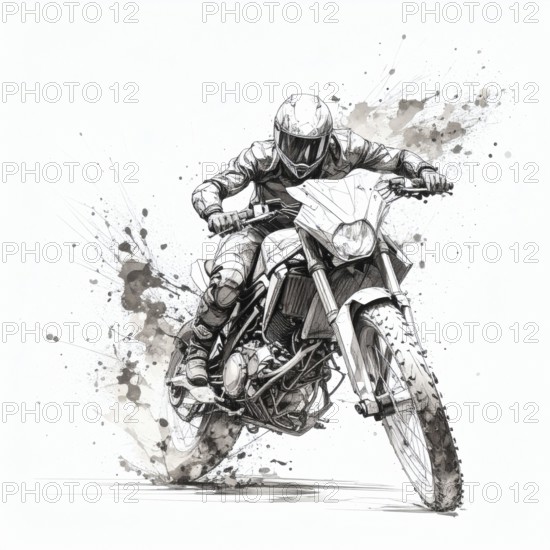 AI generated sketch of a motorcyclist in racing ambiance, with splashes, splatter and spots