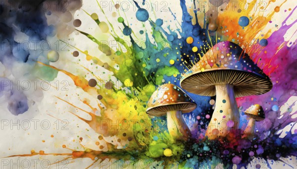 Recreational drugs theme showing some magic mushrooms in multicolored vibrant splashy ambiance. AI generated image with lots of paint splashes, splatter and spots