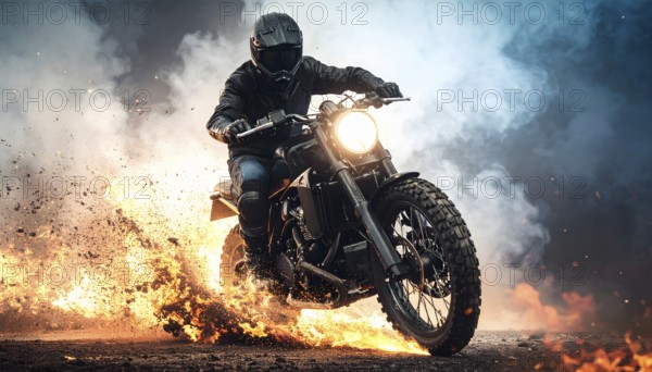 Ai generated image showing a driving motorcyclist surrounded by fire and smoke