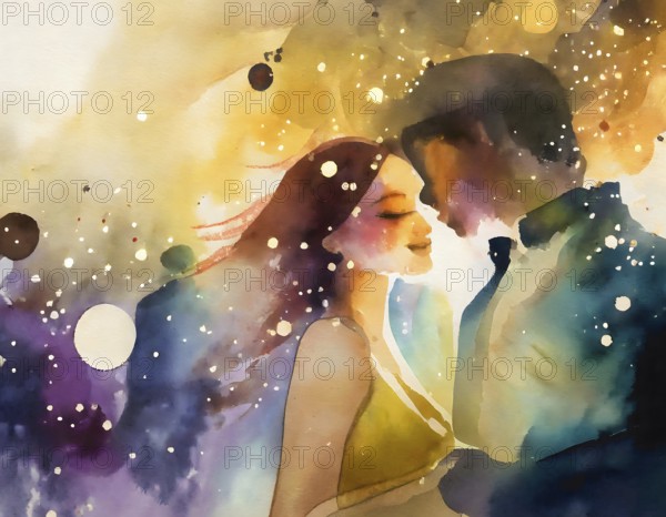 AI generated image showing a intimate couple, watercolor style with splashes and spots