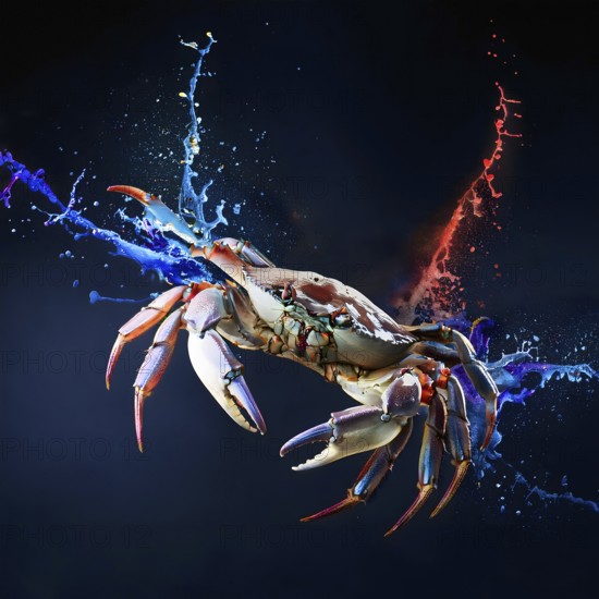 Animal and seafood theme showing a crab in vibrant splashy ambiance. AI generated image with lots of paint splashes, splatter and spots