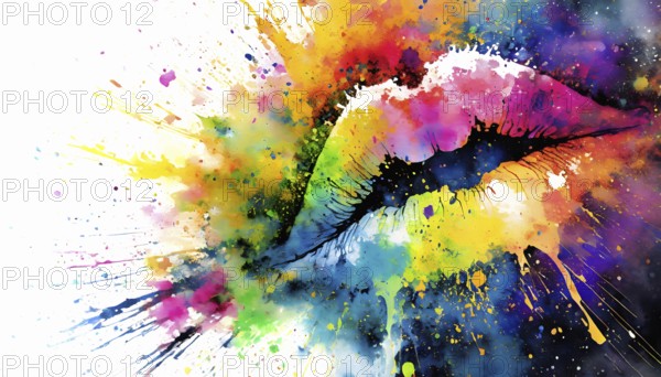 Sensual theme showing a human mouth in multicolored vibrant splashy ambiance. AI generated image with lots of paint splashes, splatter and spots