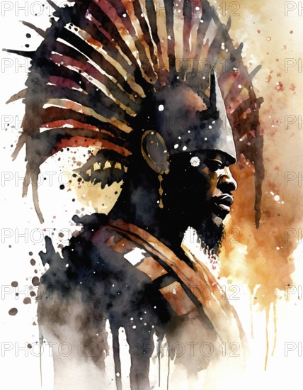 AI generated image showing the portrait of an african warrior with exotic headdress, watercolor style with splashes and spots