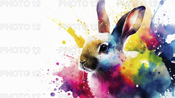 Pet and animal theme showing a rabbit in multicolored vibrant splashy ambiance. AI generated image with lots of paint splashes, splatter and spots