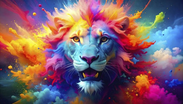 Lion portrait in flashy colorful ambiance. AI illustration with light effects and liquid splashes, AI generated