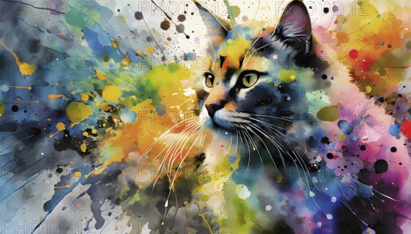 Pet theme showing the portrait of a cat in multicolored vibrant splashy ambiance. AI generated image with lots of paint splashes, splatter and spots