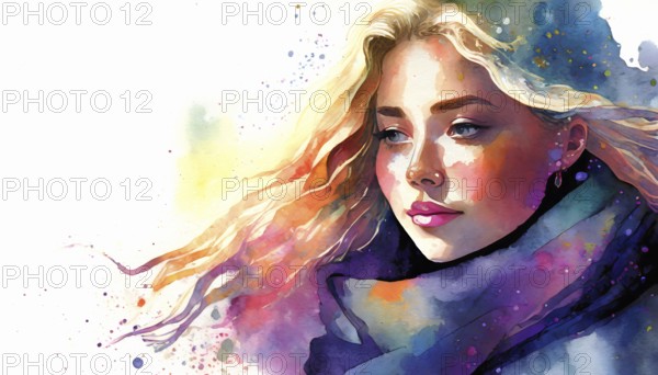 AI generated image showing the portrait of a young woman in colorful ambiance, watercolor style with splashes and spots