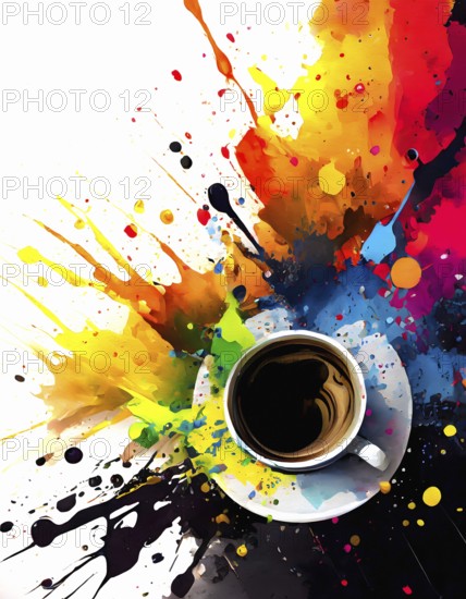 Consumption theme showing a cup of coffee in multicolored vibrant splashy ambiance. AI generated image with lots of paint splashes, splatter and spots