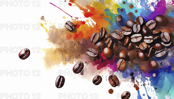 Consumption theme showing coffee beans in multicolored vibrant splashy ambiance. AI generated image with lots of paint splashes, splatter and spots