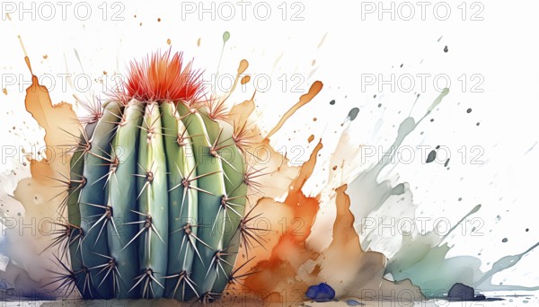 Cactus and succulent plant theme showing a cactus in multicolored vibrant splashy ambiance. AI generated image with lots of paint splashes, splatter and spots