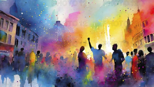 AI generated image showing a colorful illuminated downtown party, watercolor style with splashes and spots