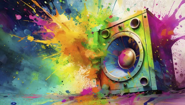 Music and sound theme showing a loudspeaker in multicolored vibrant splashy ambiance. AI generated image with lots of paint splashes, splatter and spots