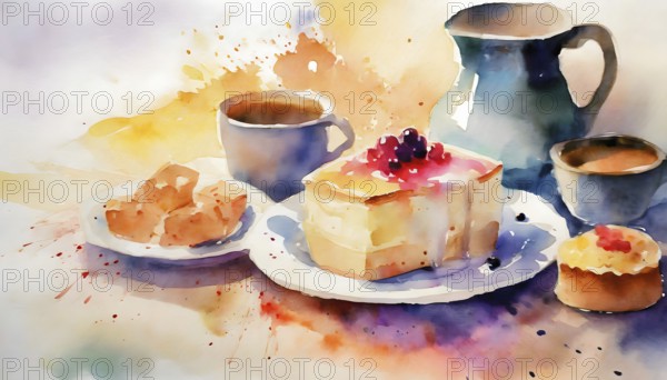 AI generated image showing coffee and some cakes, watercolor style with splashes and spots