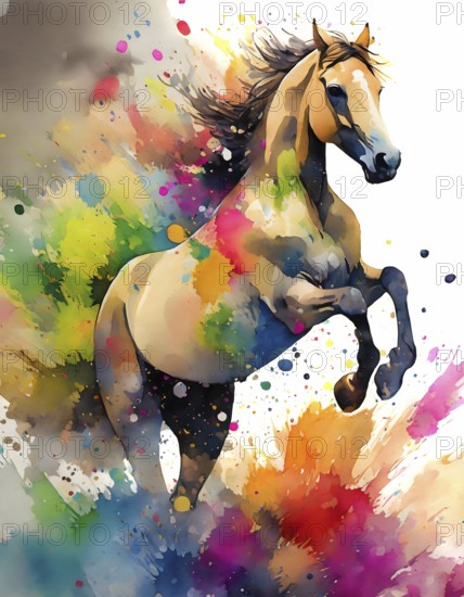 Animal and riding theme showing a horse in multicolored vibrant splashy ambiance. AI generated image with lots of paint splashes, splatter and spots