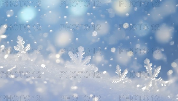 AI generated closeup image showing snow crystals in sunny ambiance