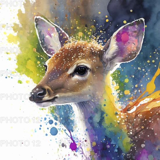 Animal and wildlife theme showing a roe deer in multicolored vibrant splashy ambiance. AI generated image with lots of paint splashes, splatter and spots