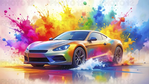 Flashy racing car in multicolored vibrant splashy ambiance. AI generated image with lots of splashes, splatter and spots