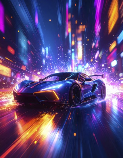 Flashy racing car in multicolored vibrant splashy ambiance. AI generated image with lots of splashes, splatter and spots