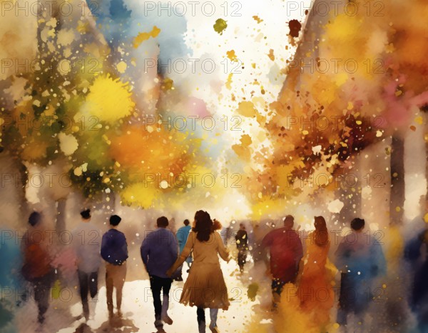 AI generated lifestyle theme showing a street scenery with lots of people at autumn time in multicolored vibrant watercolor ambiance