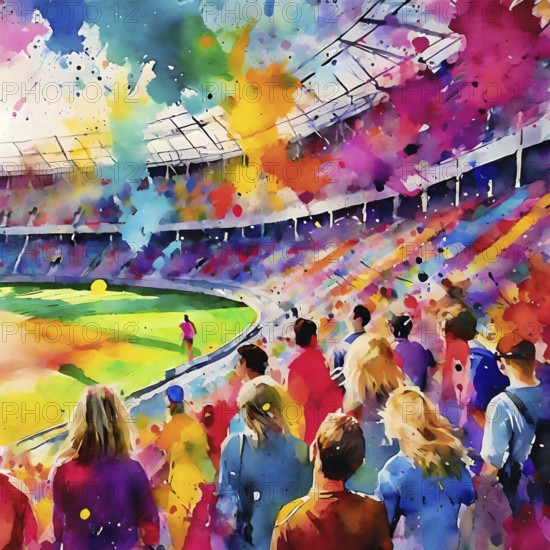 Event theme showing a stadium with lots of spectators in multicolored vibrant splashy ambiance. AI generated image with lots of paint splashes, splatter and spots