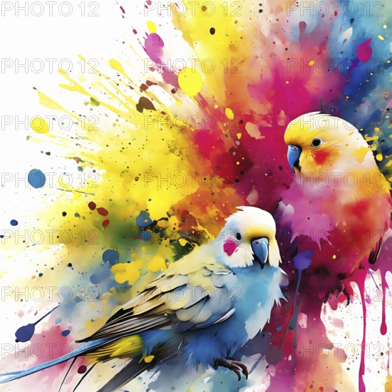 Animal, pet and wildlife theme showing some parakeets in multicolored vibrant splashy ambiance. AI generated image with lots of paint splashes, splatter and spots