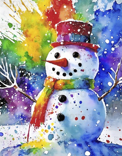 Seasonal and winter theme showing a snowman in multicolored vibrant splashy ambiance. AI generated image with lots of paint splashes, splatter and spots