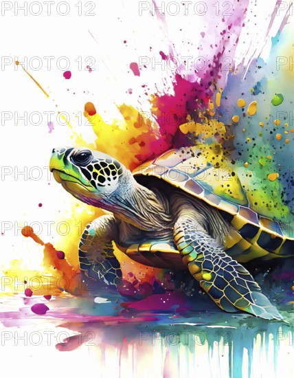 Animal and wildlife theme showing a sea turtle in multicolored vibrant splashy ambiance. AI generated image with lots of paint splashes, splatter and spots