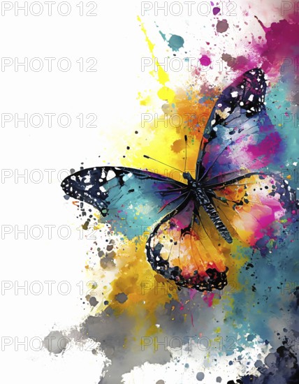 Beauty and animal theme showing a butterfly in multicolored vibrant splashy ambiance. AI generated image with lots of paint splashes, splatter and spots