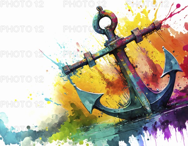 Security theme showing a anchor in multicolored vibrant splashy ambiance. AI generated image with lots of paint splashes, splatter and spots