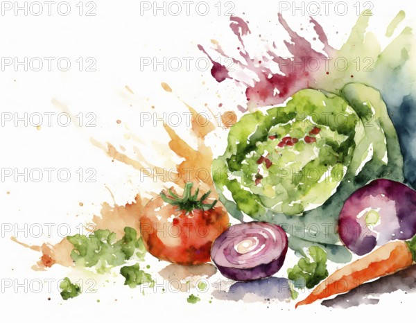 AI generated image showing some raw fruit and vegetables in light back, watercolor style with splashes and spots