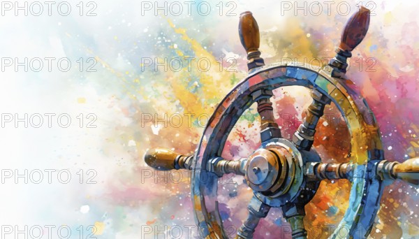 Navigation theme showing a steering wheel in multicolored vibrant splashy ambiance. AI generated image with lots of paint splashes, splatter and spots