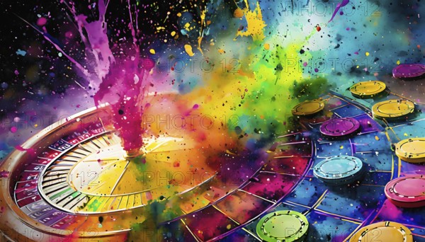 Gambling theme showing a roulette wheel and jetons in multicolored vibrant splashy ambiance. AI generated image with lots of paint splashes, splatter and spots