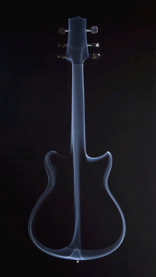 AI generated image showing a symbolic smoke-shaped guitar in dark ambiance