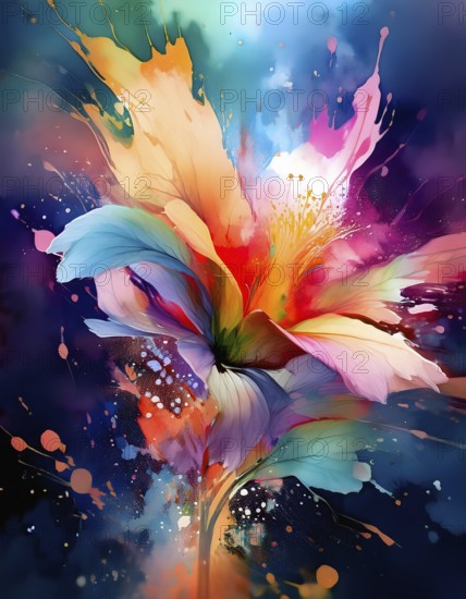 Floral beauty and vegetation theme showing a colorful flower in multicolored vibrant splashy ambiance. AI generated image with lots of paint splashes, splatter and spots