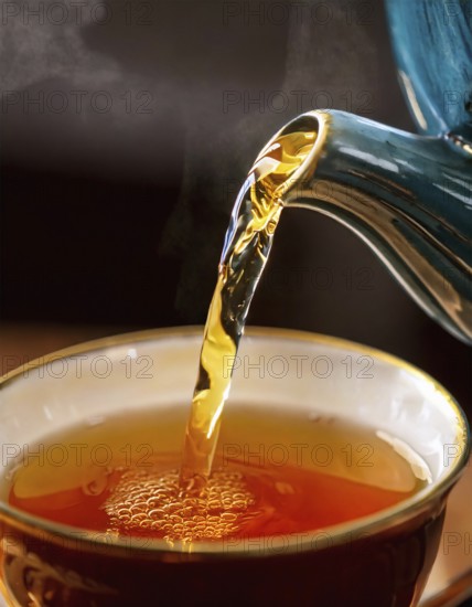 AI-generated close-up image showing a teapot from which tea is poured into a cup, AI generated