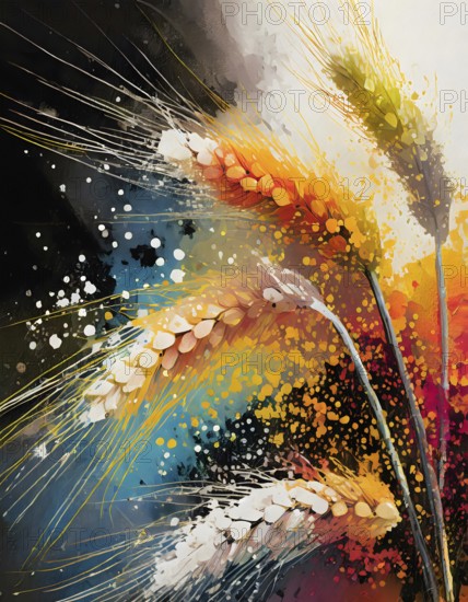 Food and agricultural theme showing some barley ears in multicolored vibrant splashy ambiance. AI generated image with lots of paint splashes, splatter and spots