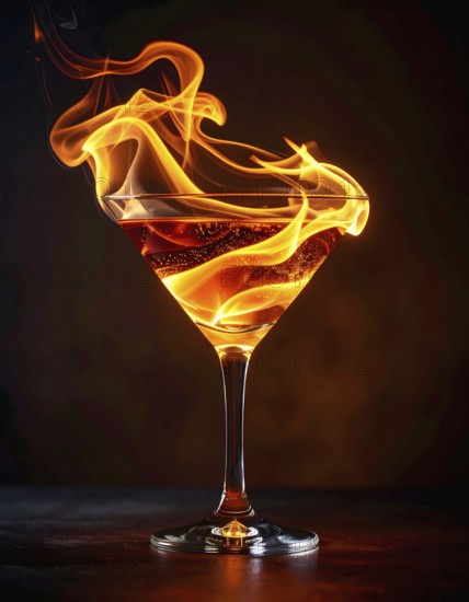 AI generated image showing a flaming cocktail in dark ambiance