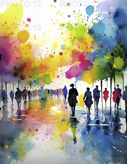AI generated urban theme showing a wet street scenery with lots of people in multicolored vibrant watercolor ambiance