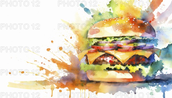 AI generated image showing a big fast food burger, watercolor style with splashes and spots